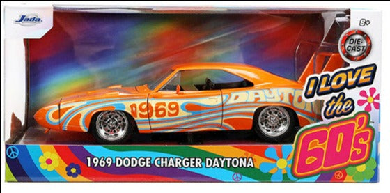 1969 Dodge Charger Daytona Orange Metallic with Graphics "I Love the 1960's" Series 1/24 Diecast Model Car by Jada