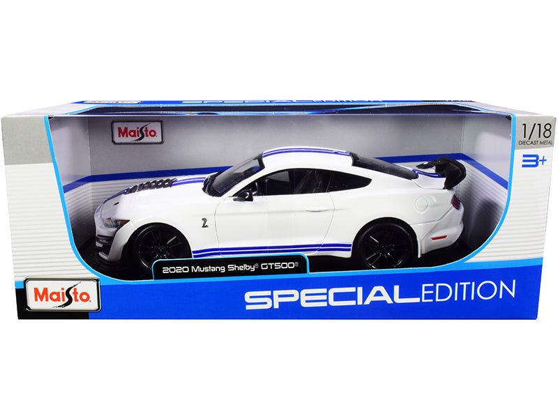 2020 Ford Mustang Shelby GT500 White with Blue Stripes "Special Edition" 1/18 Diecast Model Car by Maisto