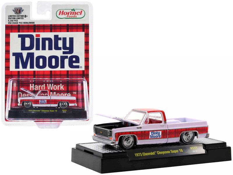 1973 Chevrolet Cheyenne Super 10 Pickup Truck White w/ Red Top & Red Plaid Stripe "Dinty Moore" Limited Ed - 9350 pcs 1/64 Diecast Car by M2 Machines