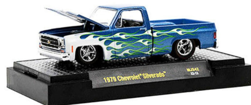 1979 Chevrolet Silverado Pickup Truck Blue with White Flames Limited Edition to 6600 pieces Worldwide 1/64 Diecast Model Car by M2 Machines