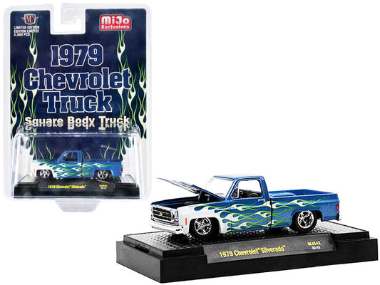 1979 Chevrolet Silverado Pickup Truck Blue with White Flames Limited Edition to 6600 pieces Worldwide 1/64 Diecast Model Car by M2 Machines