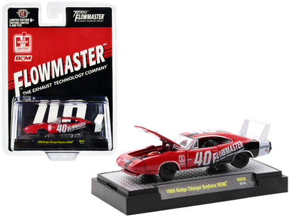 M2 Machines 1969 Dodge Charger Daytona HEMI 1/64 diecast in red with graphics, opening hood, and rubber tires.