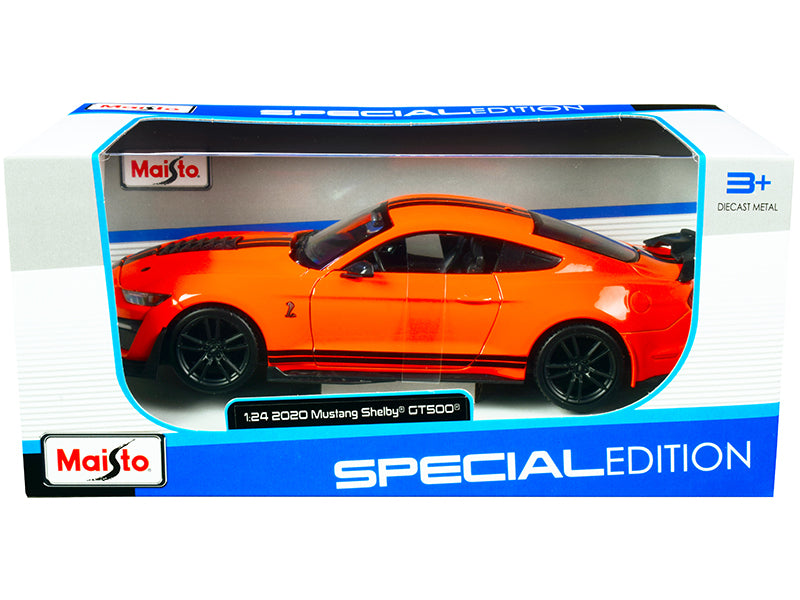 2020 Ford Mustang Shelby GT500 Bright Orange with Black Stripes 1/24 Diecast Model Car by Maisto