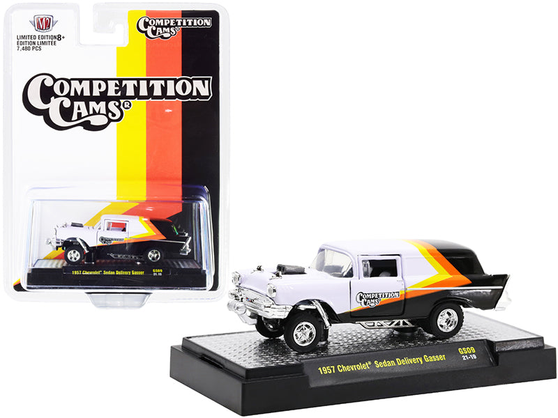 1957 Chevrolet Sedan Delivery Gasser "Competition Cams" White & Black w/ Yellow & Orange Stripes Limited Edition 1/64 Diecast Model Car by M2 Machines