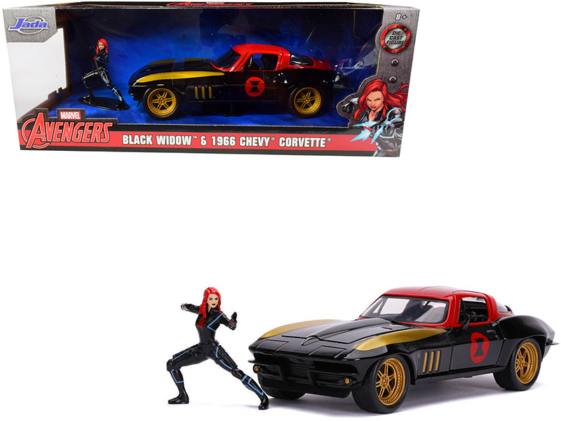  Jada 1966 Chevrolet Corvette diecast model car with Black Widow figurine from Avengers, 1/24 scale, detailed features.