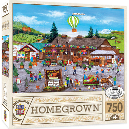 Homegrown Sunny Farms Jigsaw Puzzle - 750 pieces featuring a cheerful farm scene by artist Cindy Mangutz.