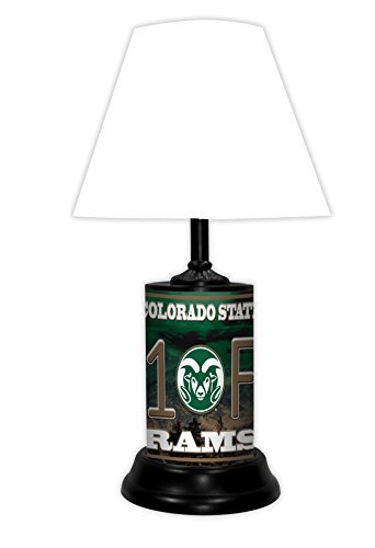 Colorado State Rams tabletop lamp featuring team colors, logo and wording "#1 Fan" with black base and white shade