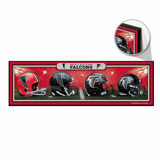 Atlanta Falcons 'History of Helmets' Wood Sign - 9" x 30" with antique look, beveled edge, and matte finish. Made in USA by Wincraft.
