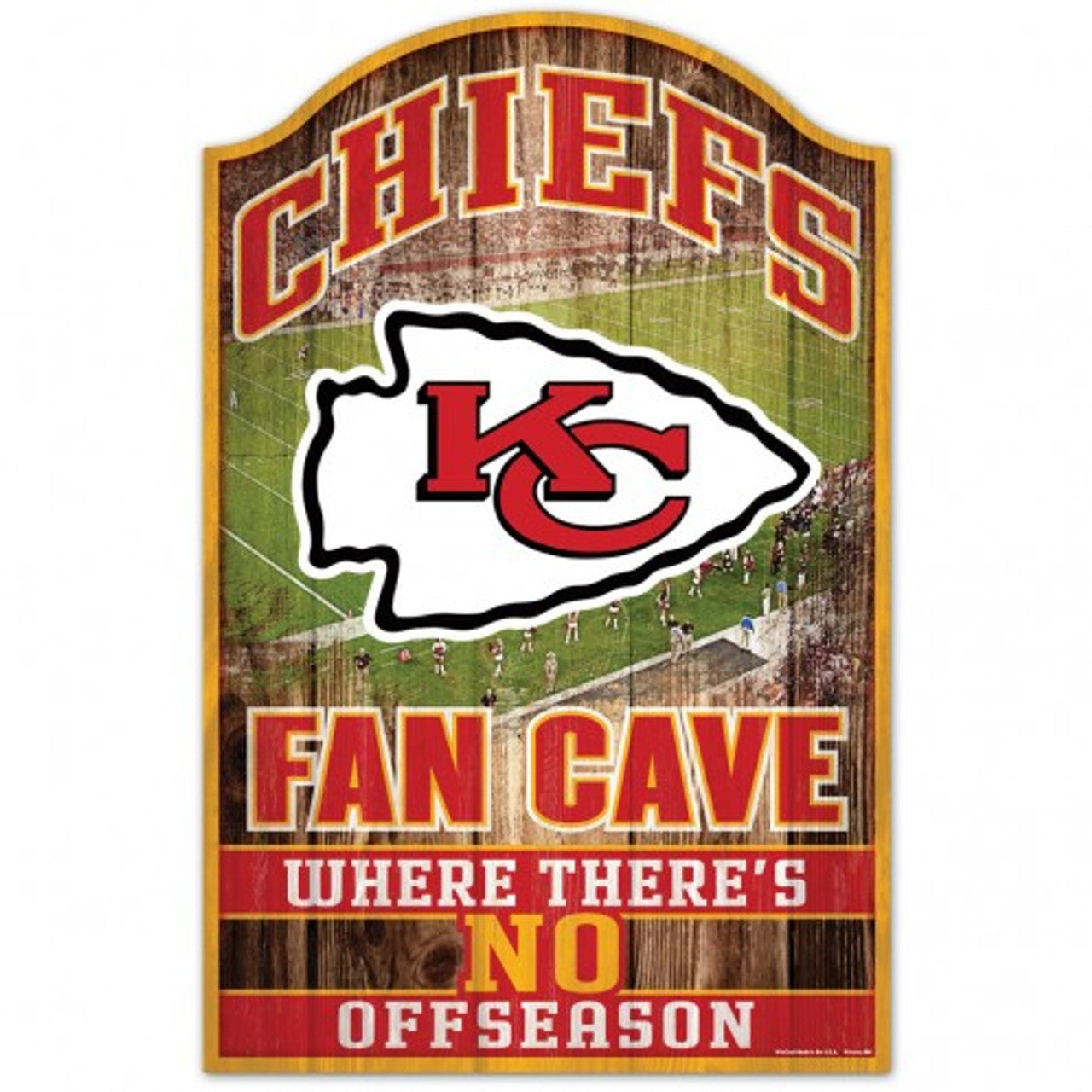 Kansas City Chiefs Fan Cave Wood Sign by WinCraft. Measures 11"x17", made of hardboard wood, indoor use, quality team graphics