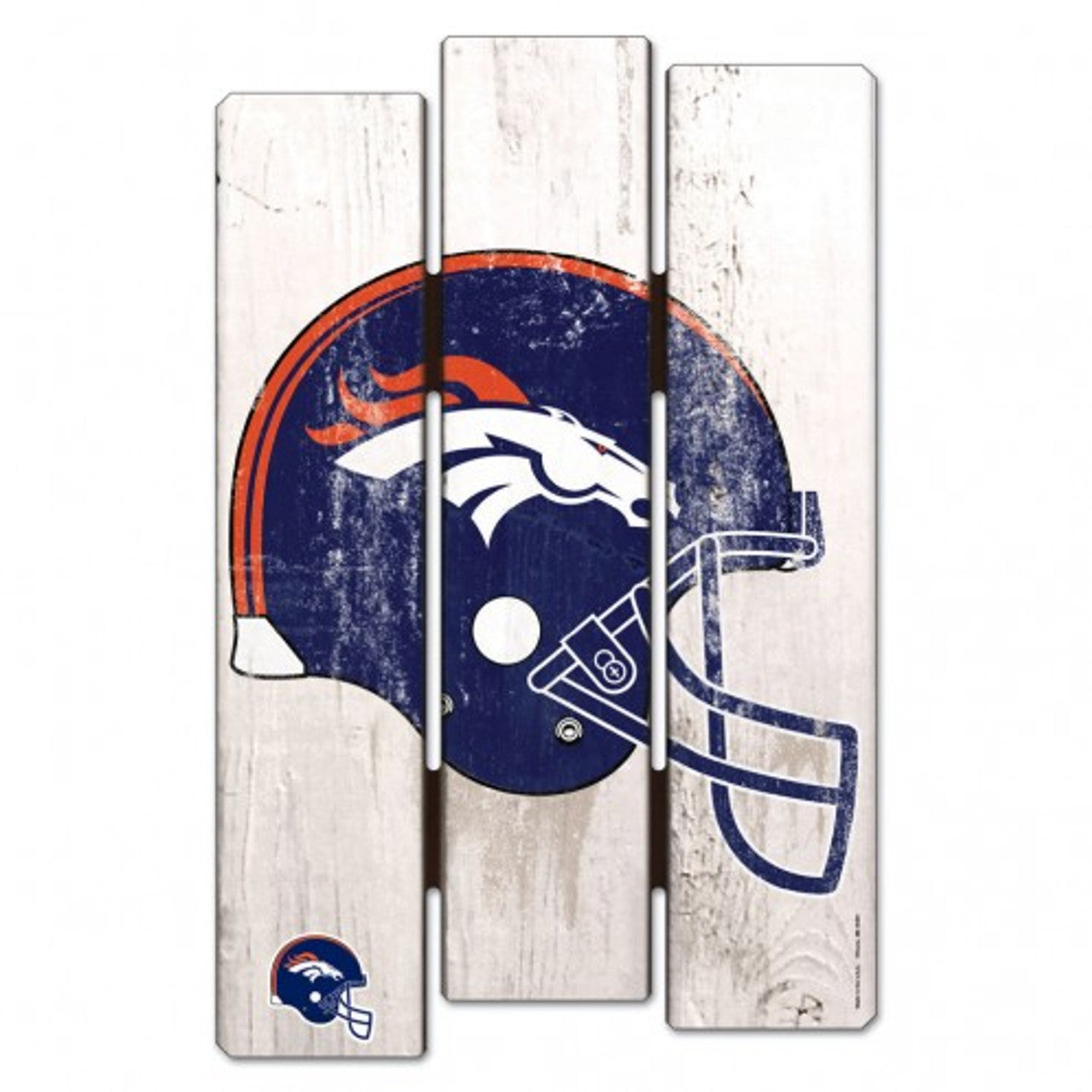 Denver Broncos NFL Wood Fence Sign, 11" x 17", with team colors, routed hanging hole, made of wood, officially licensed by Wincraft.