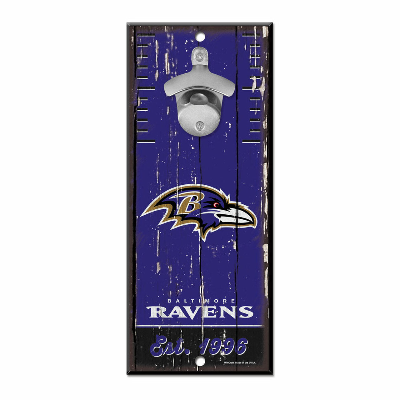 Baltimore Ravens 5x11 Bottle Opener Wood Sign - Bold team graphics, metal opener, and 2 mounting holes. Durable, made in USA by Wincraft