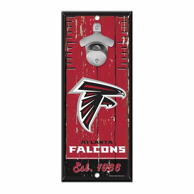 Atlanta Falcons NFL Bottle Opener Wood Sign - 5x11, 3/8" hardboard, team graphics, metal opener. Officially licensed, USA-made by Wincraft.