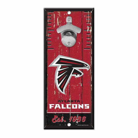 Atlanta Falcons NFL Bottle Opener Wood Sign - 5x11, 3/8" hardboard, team graphics, metal opener. Officially licensed, USA-made by Wincraft.