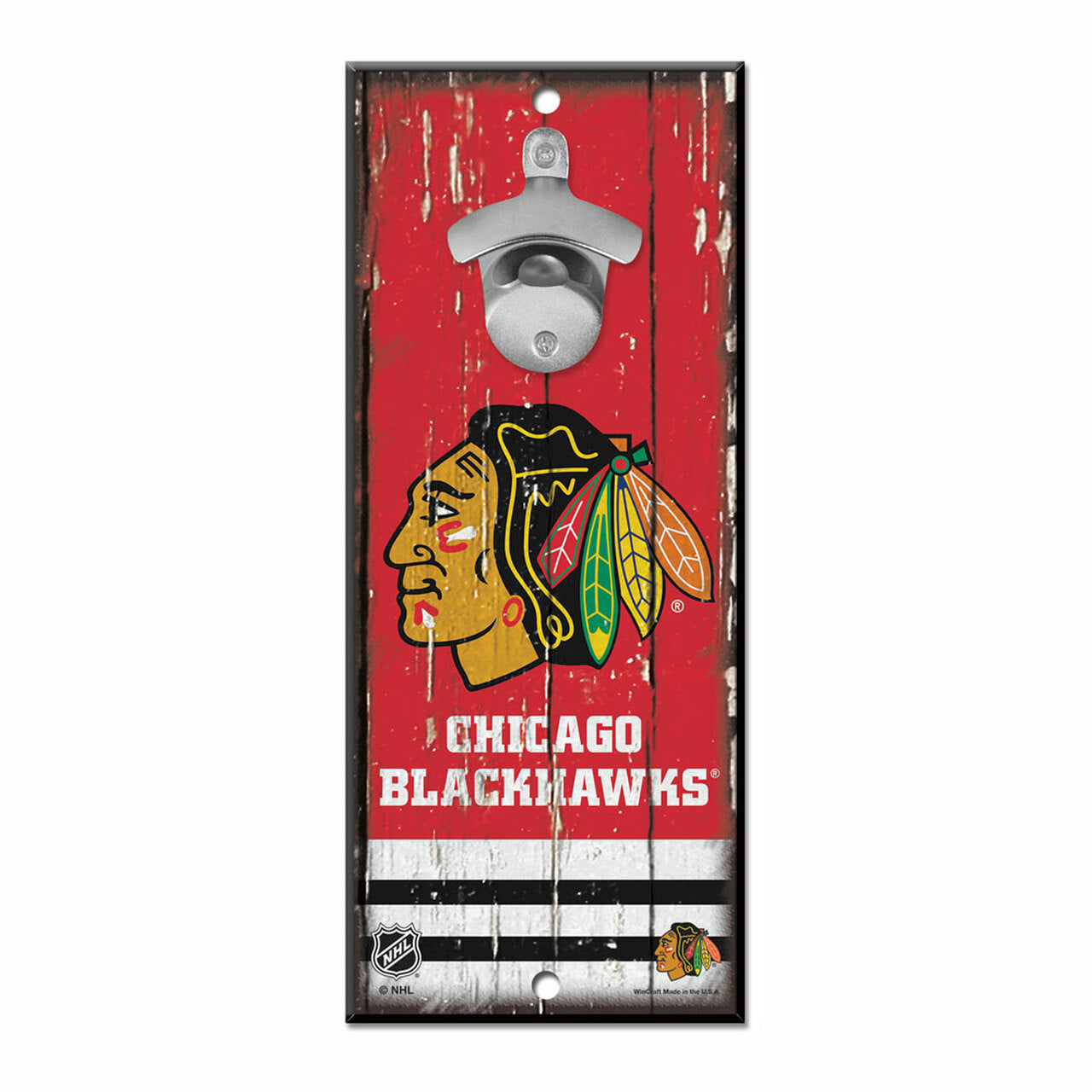 Chicago Blackhawks Bottle Opener Wood Sign featuring team graphics, metal opener, and pre-drilled holes. Made in the USA.