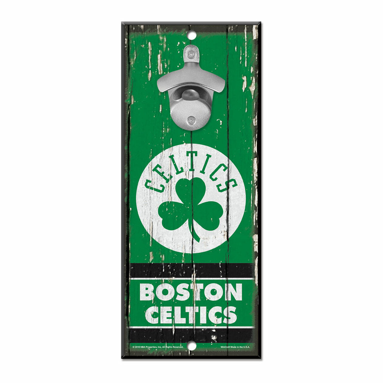 Boston Celtics NHL Bottle Opener Wood Sign - 5x11, 3/8" hardboard, team graphics, metal opener. Officially licensed, made in USA by Wincraft
