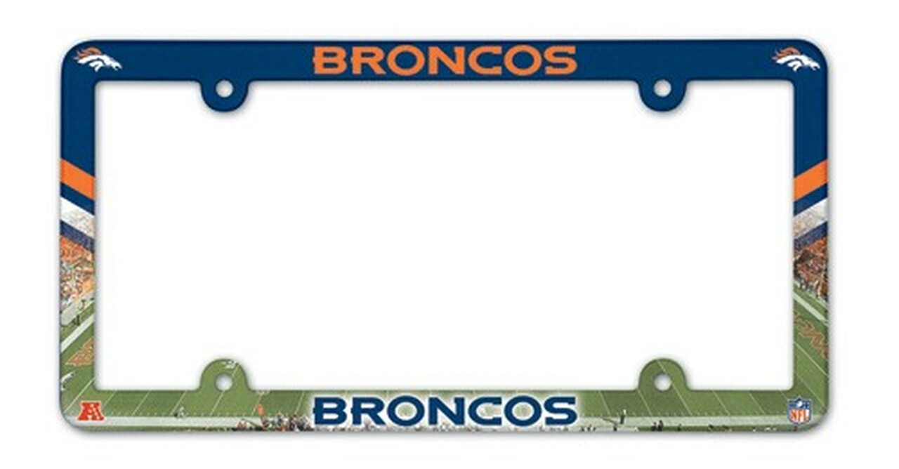 Denver Broncos NFL License Plate Frame by Wincraft. Heavy-duty plastic, fits 6" x 12" plates, vibrant team colors. Made in the USA.