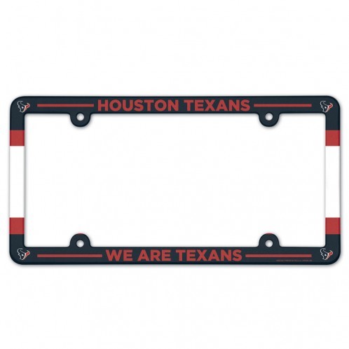 Houston Texans license plate frame by Wincraft in heavy-duty plastic, featuring team colors, logo, and name. Officially NFL licensed.