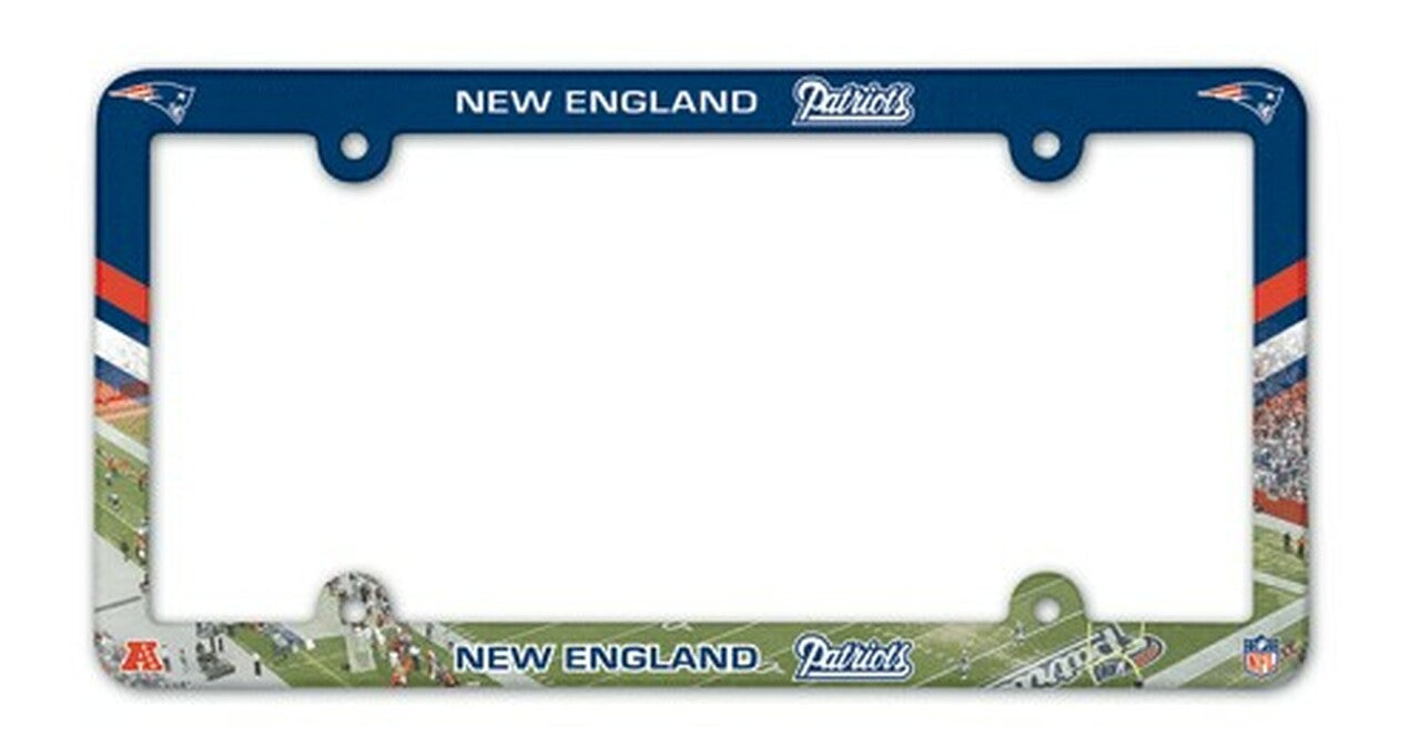 New England Patriots NFL License Plate Frame by Wincraft. Heavy-duty plastic, fits 6" x 12" plates, vibrant team colors. Made in the USA.