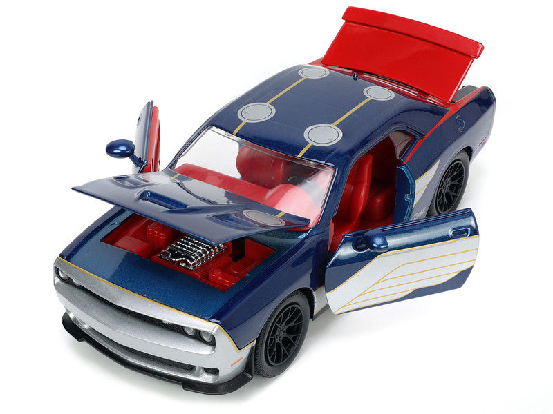 2015 Dodge Challenger SRT Hellcat Dark Blue with Graphics and Red Interior and Thor Diecast Figure "Marvel" Series 1/24 Diecast Car by Jada