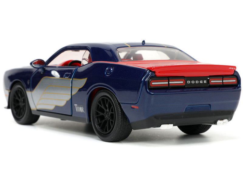 2015 Dodge Challenger SRT Hellcat Dark Blue with Graphics and Red Interior and Thor Diecast Figure "Marvel" Series 1/24 Diecast Car by Jada