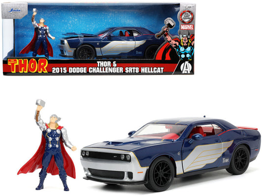 2015 Dodge Challenger SRT Hellcat Dark Blue with Graphics and Red Interior and Thor Diecast Figure "Marvel" Series 1/24 Diecast Car by Jada