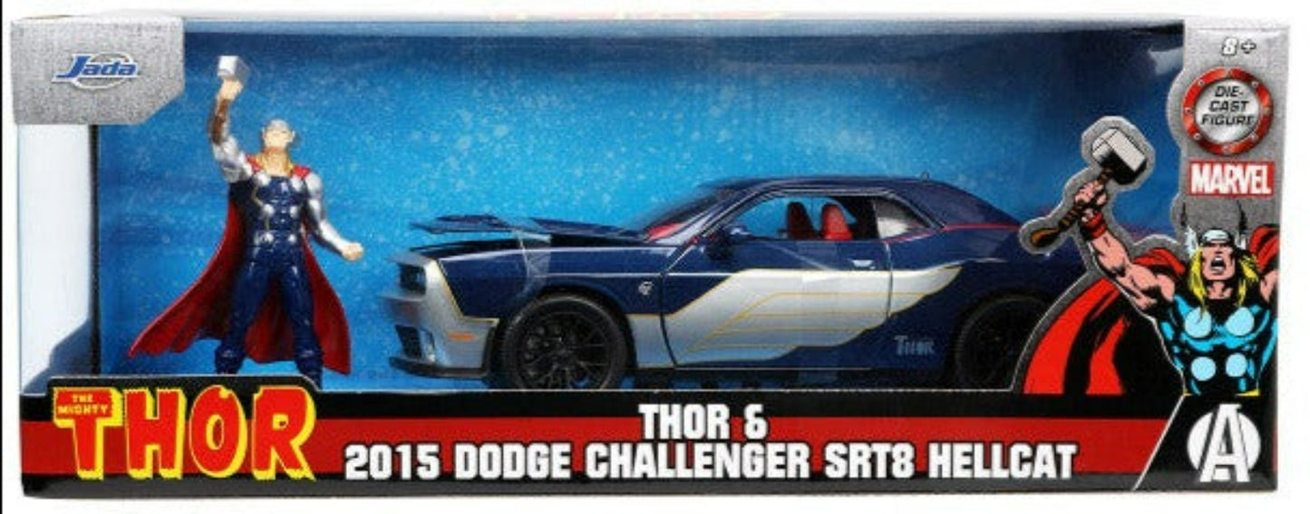 2015 Dodge Challenger SRT Hellcat Dark Blue with Graphics and Red Interior and Thor Diecast Figure "Marvel" Series 1/24 Diecast Car by Jada