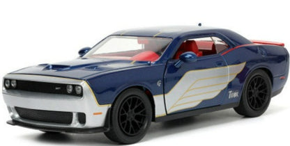 2015 Dodge Challenger SRT Hellcat Dark Blue with Graphics and Red Interior and Thor Diecast Figure "Marvel" Series 1/24 Diecast Car by Jada