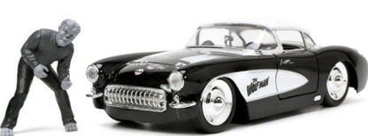 1957 Chevrolet Corvette Black with White Top and Wolfman Diecast Figure "Universal Monsters" "Hollywood Rides" Series 1/24 Diecast Model Car by Jada