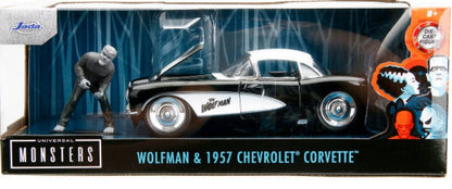 1957 Chevrolet Corvette Black with White Top and Wolfman Diecast Figure "Universal Monsters" "Hollywood Rides" Series 1/24 Diecast Model Car by Jada