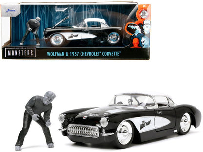 1957 Chevrolet Corvette Black with White Top and Wolfman Figure 1/24 Diecast Model from Jada's "Hollywood Rides" series.