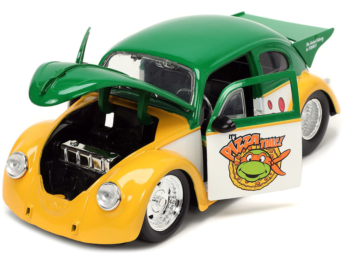 1959 Volkswagen Drag Beetle Green and Yellow and Michelangelo Diecast Figure "Teenage Mutant Ninja Turtles" "Hollywood Rides" Series 1/24 Diecast Model Car by Jada