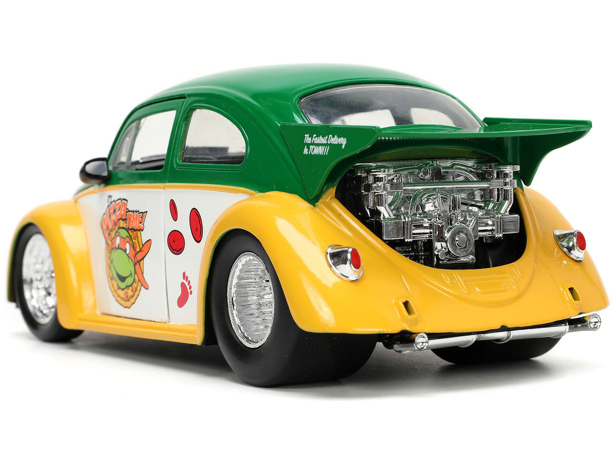 1959 Volkswagen Drag Beetle Green and Yellow and Michelangelo Diecast Figure "Teenage Mutant Ninja Turtles" "Hollywood Rides" Series 1/24 Diecast Model Car by Jada