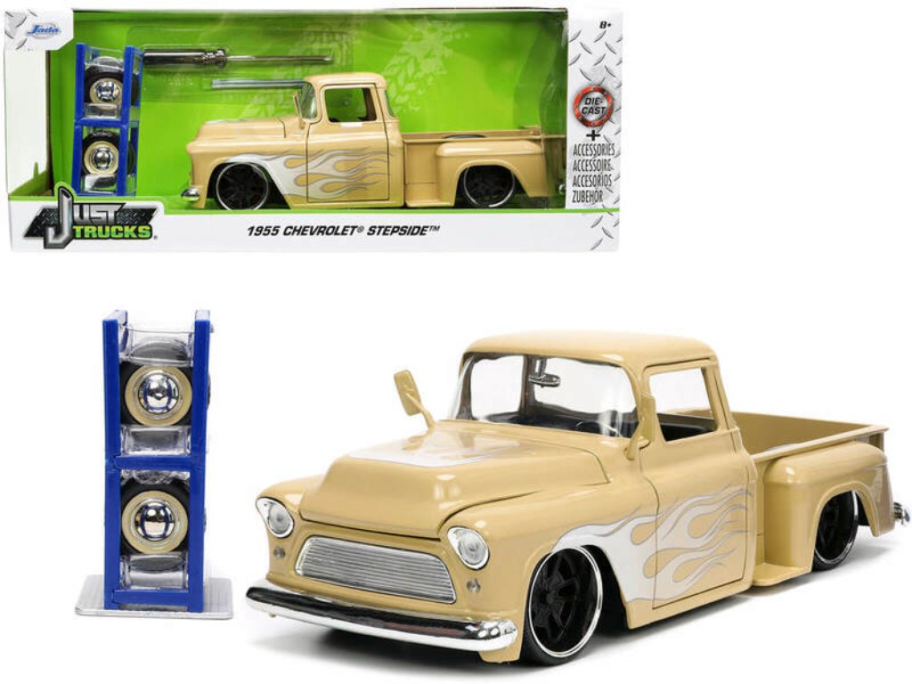 1955 Chevrolet Stepside Pickup Truck Tan with White and Silver Flames with Extra Wheels 1/24 Diecast Model by Jada.