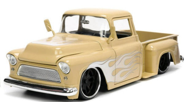 1955 Chevrolet Stepside Pickup Truck Tan with White and Silver Flames with Extra Wheels "Just Trucks" Series 1/24 Diecast Model Car by Jada