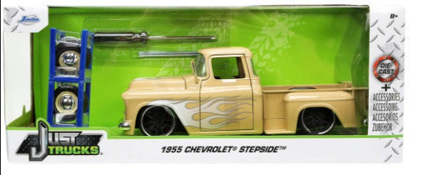 1955 Chevrolet Stepside Pickup Truck Tan with White and Silver Flames with Extra Wheels "Just Trucks" Series 1/24 Diecast Model Car by Jada