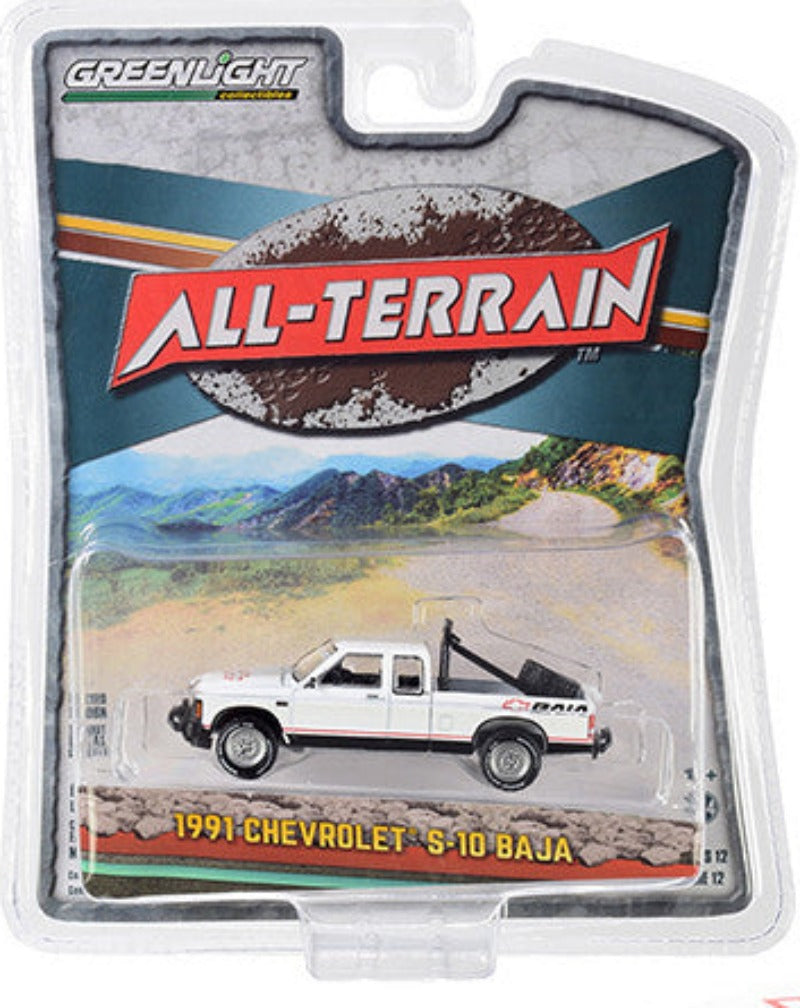 1991 Chevrolet S-10 Baja Extended Cab Pickup Truck White with Graphics "All Terrain" Series 12 1/64 Diecast Model Car by Greenlight