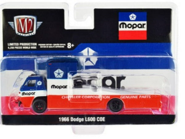 1966 Dodge L600 COE Ramp Truck Red and White with Blue Top "MOPAR" Limited Edition to 8250 pieces Worldwide 1/64 Diecast Model by M2 Machines