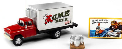 1955 Chevrolet Box Truck Red and White with Building Sign and 3 Beer Kegs with Skid "Acme Beer" 1/87 (HO) Scale Models by Classic Metal Works