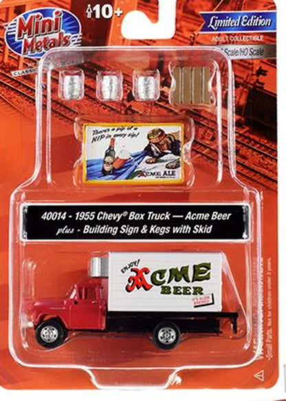 1955 Chevrolet Box Truck Red and White with Building Sign and 3 Beer Kegs with Skid "Acme Beer" 1/87 (HO) Scale Models by Classic Metal Works