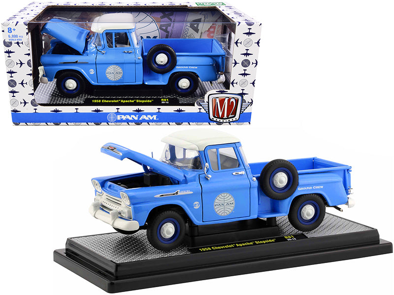 1958 Chevrolet Apache Stepside Pickup Truck "Pan Am" Ground Crew Light Blue w/ White Top Limited Edition to 6880 pcs 1/24 Diecast Car by M2 Machines