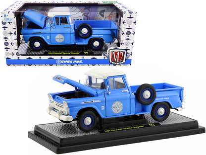 M2 Machines 1958 Chevrolet Apache Stepside Pickup Truck "Pan Am" in light blue with white top, 1/24 diecast, limited to 6880 pcs.