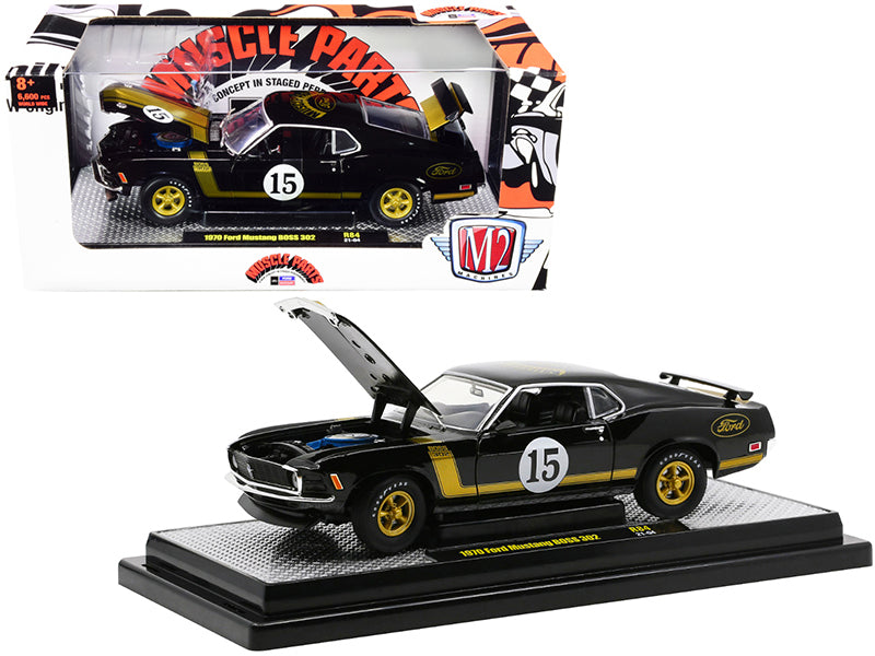 1970 Ford Mustang BOSS 302 #15 "Muscle Parts" Black with Gold Stripes Limited Edition to 6600 pieces Worldwide 1/24 Diecast Model Car by M2 Machines