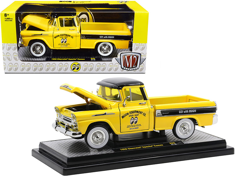 Limited edition 1958 Chevrolet Apache Cameo Pickup Truck "Mooneyes" in yellow and black, 1/24 scale diecast model with opening features and detailed design.