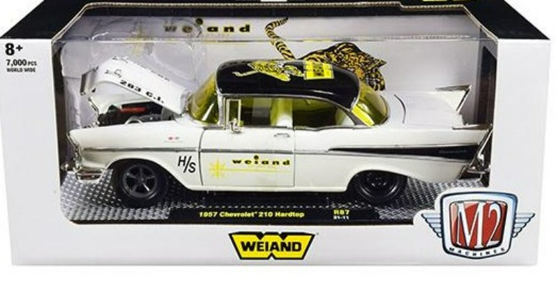 1957 Chevrolet 210 Hardtop "Weiand" Colonial Cream and Black with Graphics Limited Edition to 7000 pieces Worldwide 1/24 Diecast Car by M2 Machines