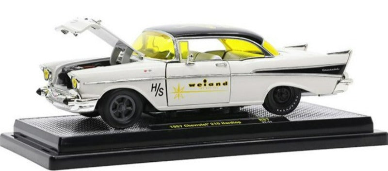 1957 Chevrolet 210 Hardtop "Weiand" Colonial Cream and Black with Graphics Limited Edition to 7000 pieces Worldwide 1/24 Diecast Car by M2 Machines