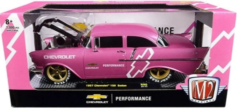 1957 Chevrolet 150 Sedan Medium Pink Pearl with Black Hood and Graphics Limited Edition to 7000 pcs. Worldwide 1/24 Diecast Model Car by M2 Machines