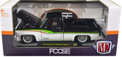 1973 Chevrolet Cheyenne Super 10 Pickup Truck Black & White w/ Stripes "FOOSE Design" Limited Edition - 6550 pcs 1/24 Diecast Car by M2 Machines