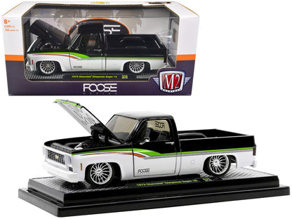 1973 Chevrolet Cheyenne Super 10 Pickup Truck Black & White w/ Stripes "FOOSE Design" Limited Edition - 6550 pcs 1/24 Diecast Car by M2 Machines