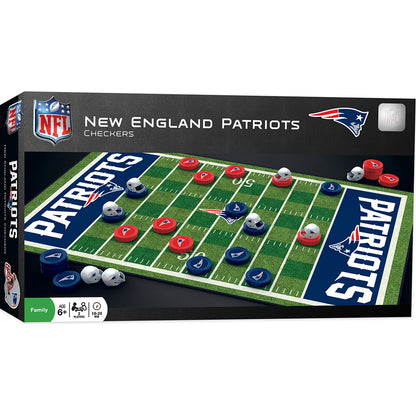 New England Patriots NFL Checkers game with helmet kings, team checkers, and Patriots themed board.