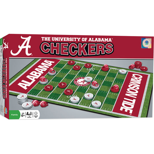 Brand-new Alabama Crimson Tide NCAA Checkers Board Game. Ages 6+. 2 players. Officially licensed by MasterPieces. Roll Tide with football-helmet kings!